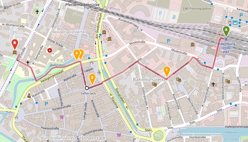 The image shows a map with directions from the main train station to Edith-Russ-Haus. Click on the image to open the directions in Openrouteservice.